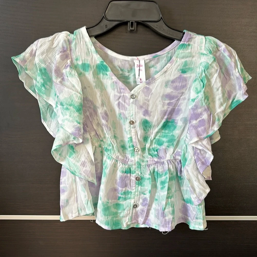 Justice Girls White Purple and Green Short Sleeve Ruffle Detailing Top